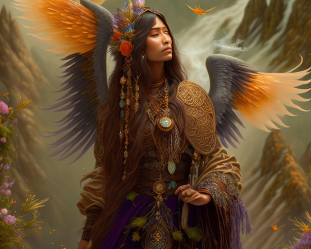 Winged woman in ornate attire in mountainous landscape with hummingbirds