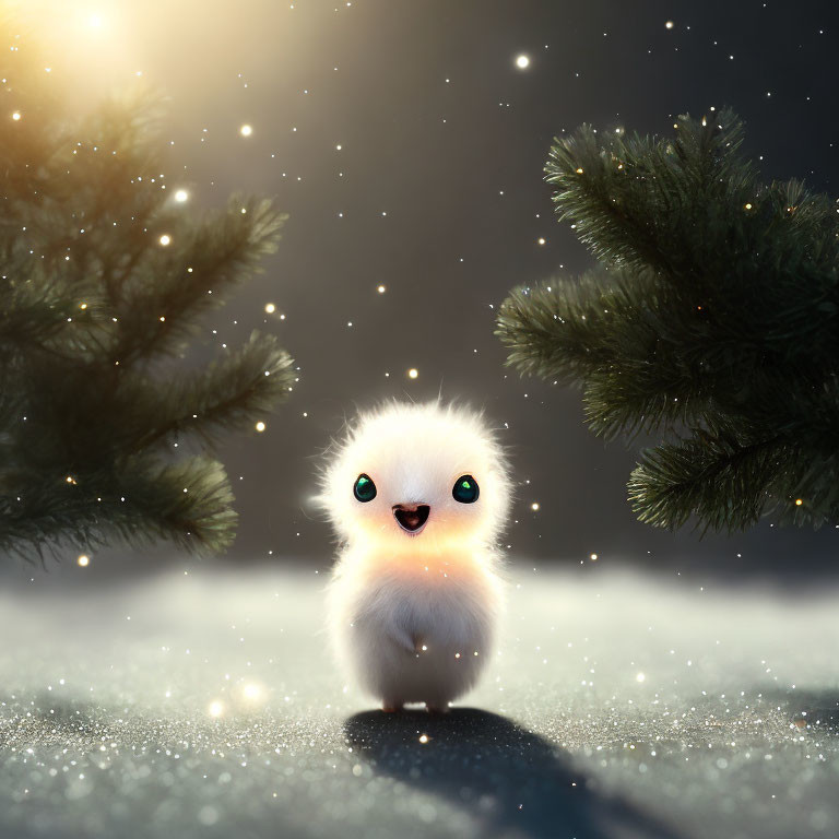 Fluffy creature with big eyes in snowy landscape surrounded by pine trees