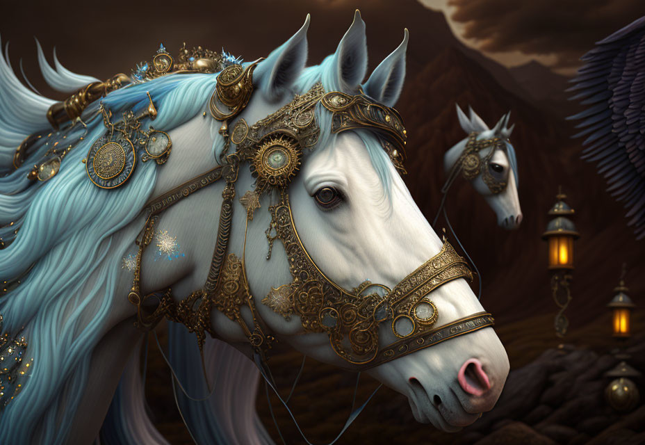 White horse with blue mane and golden bridle in mountainous setting.