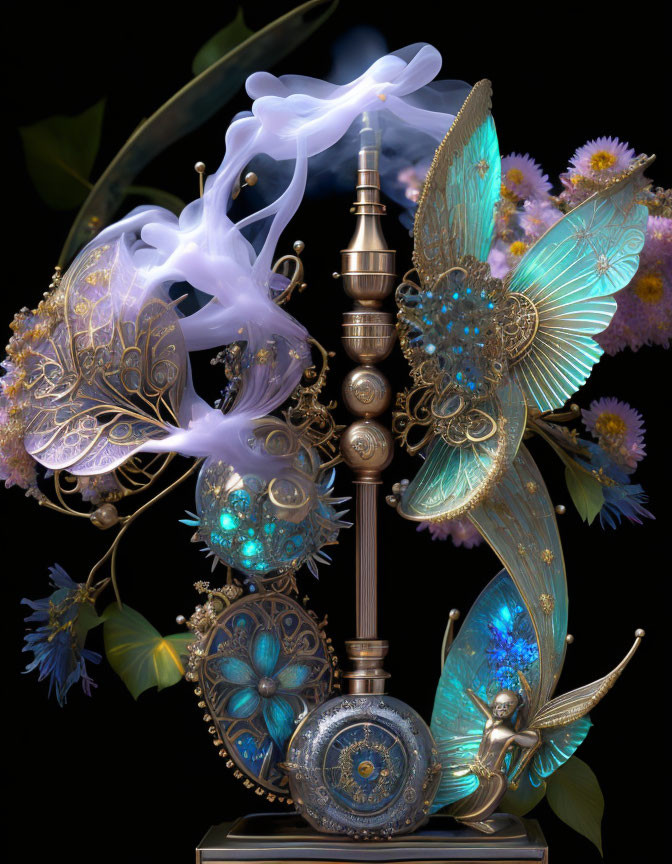 Intricate Butterfly and Floral Motif Hookah Emitting Smoke