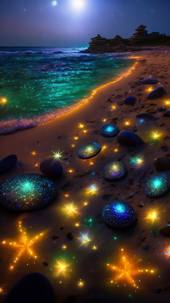 Night Beach Scene: Sparkling Stones, Celestial Colors, Starry Sky