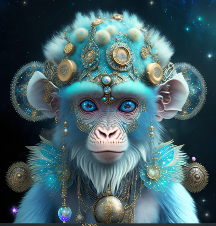 Mythical blue fur monkey with gold jewelry on starry background