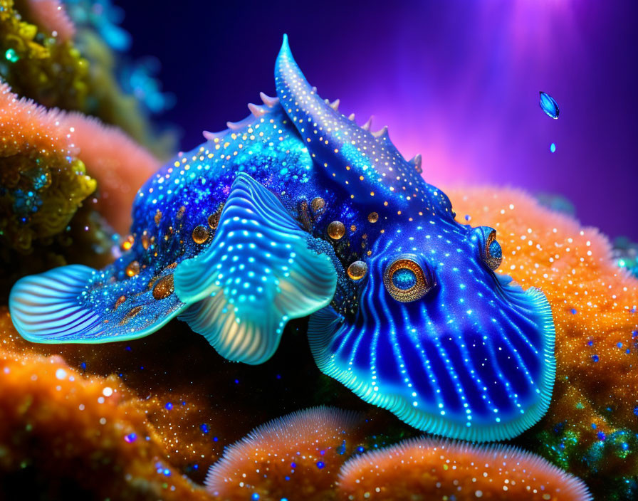 Colorful nudibranch on orange coral in purple-tinted water