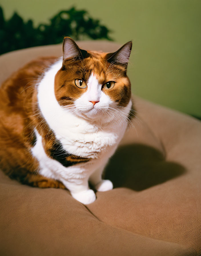 Brown and White Cat with Amber Eyes Sitting on Beige Chair