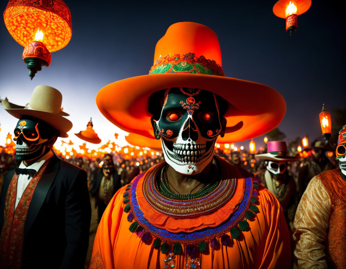 Colorful festival costumes and skull makeup with lanterns in background.