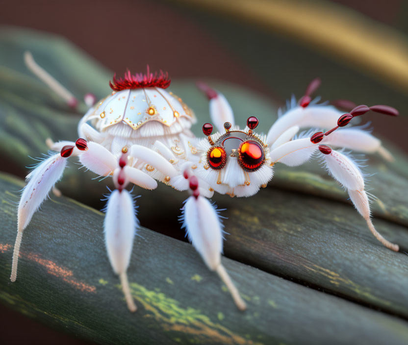 Fantastical white crab with multiple eyes and feather-like appendages on green surface