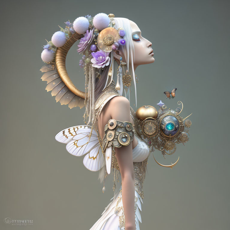 Fantasy-themed digital art of a female figure with ornate jewelry and mechanical wings