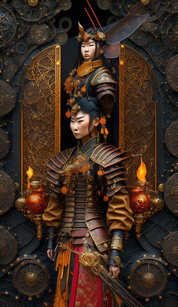 Digital Artwork: Traditional Japanese Armor Characters in Ornate Design