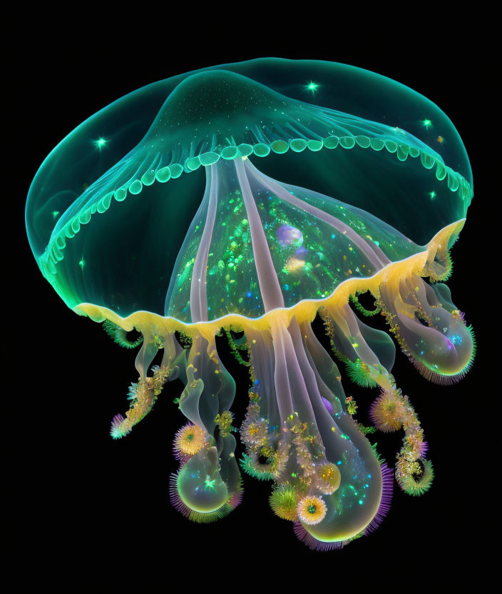 Luminescent Green Jellyfish with Yellow Fringe and Sparkling Patterns