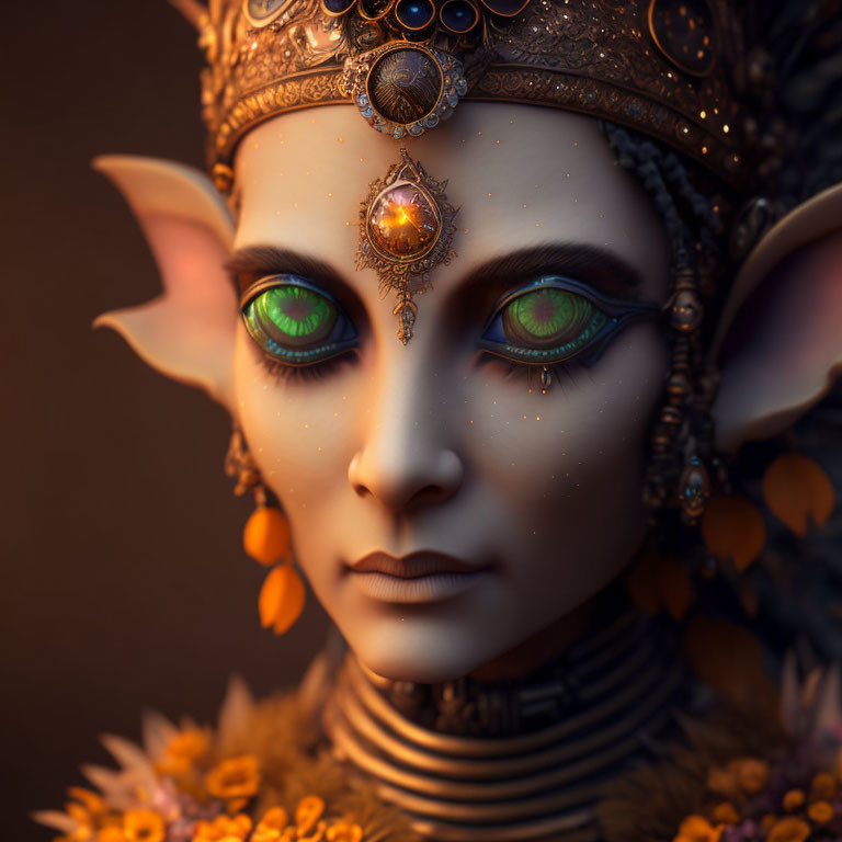 Fantasy elf with green eyes, jewelry, and autumn leaves on dark background