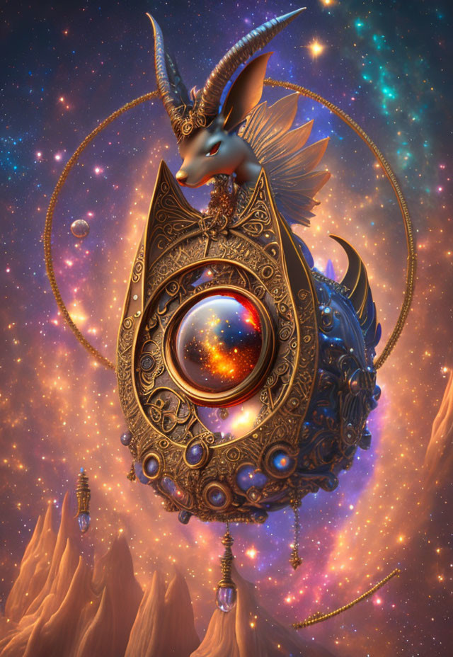 Mystical goat-headed figure with metallic ornaments in celestial sphere and starry nebula sky