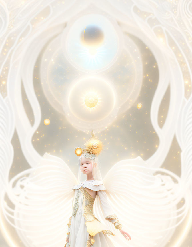 Celestial figure in ornate headdress and robes within glowing portal