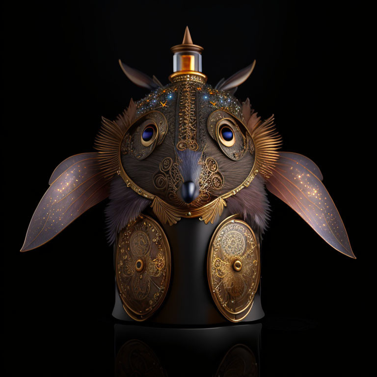 Steampunk owl sculpture with metallic feathers and golden patterns