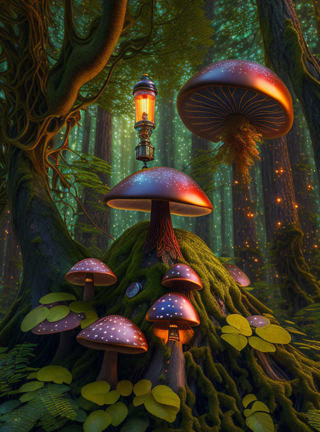 Enchanted forest with oversized glowing mushrooms and lantern lighting