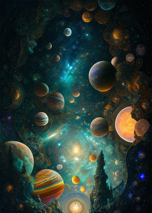 Vibrant cosmic scene with planets, stars, and nebulae against swirling patterns and celestial tower