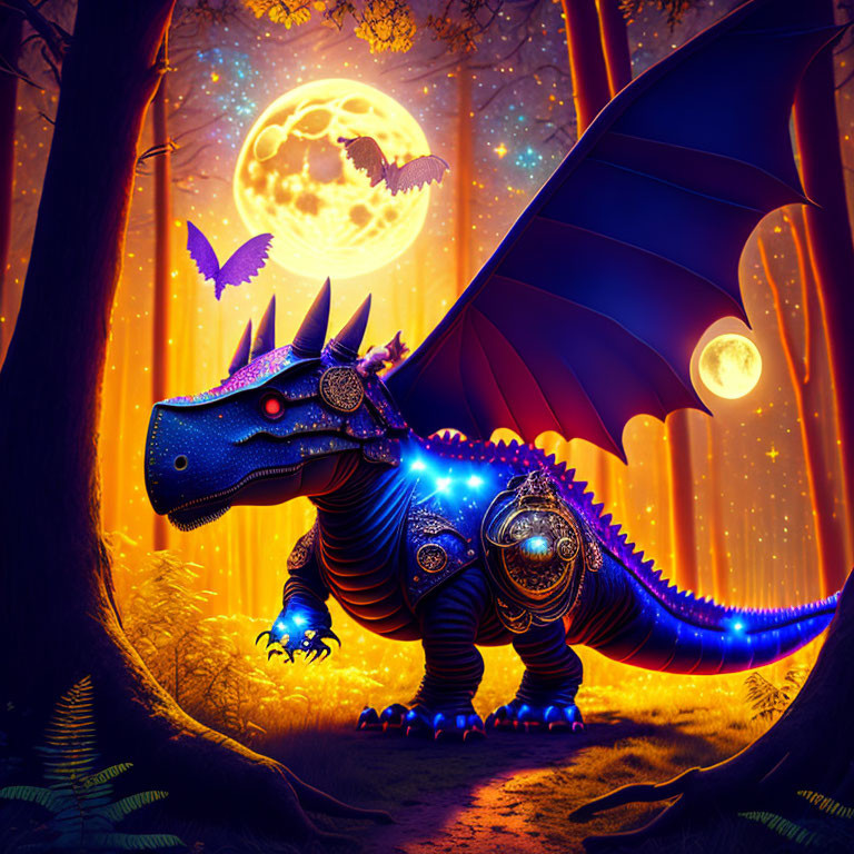 Blue Armored Dragon in Mystical Forest with Full Moon and Stars