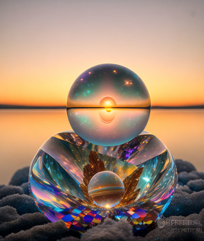 Faceted crystal ball reflects sunset over water in tranquil twilight scene