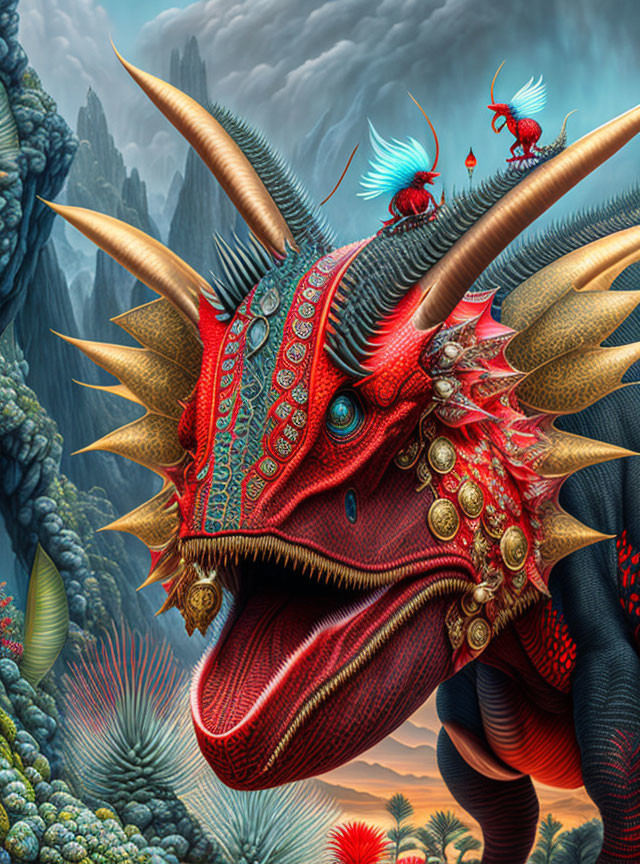 Colorful fantasy dragon with intricate horns and detailed scales in surreal landscape