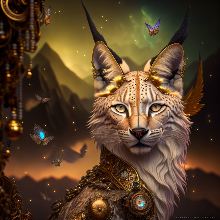 Majestic lynx with golden adornments and butterflies in mountain setting