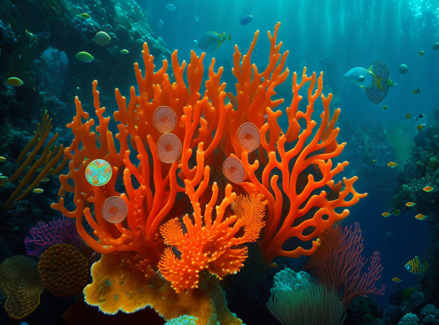 Colorful underwater coral reef with tropical fish and sunlight beams.