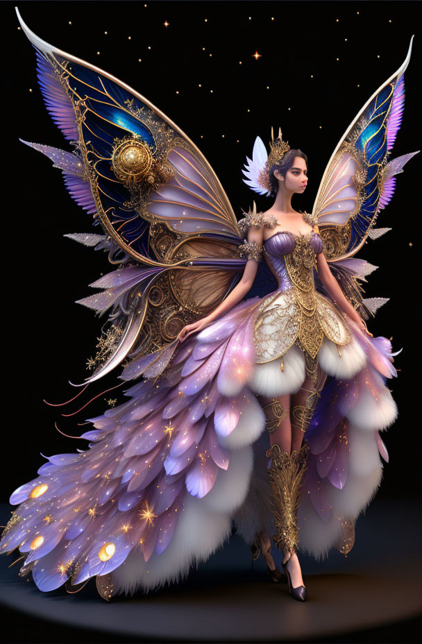 Ethereal figure with mechanical wings in fantasy dress against starry backdrop