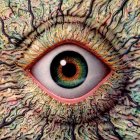 Colorful psychedelic eye illustration with intricate patterns and cosmic elements