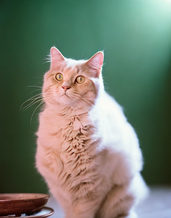 Cream-colored cat with amber eyes and lush ruff next to a bowl