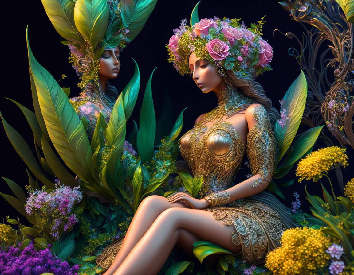 Artistic female figures in floral and golden botanical attire among vibrant flowers