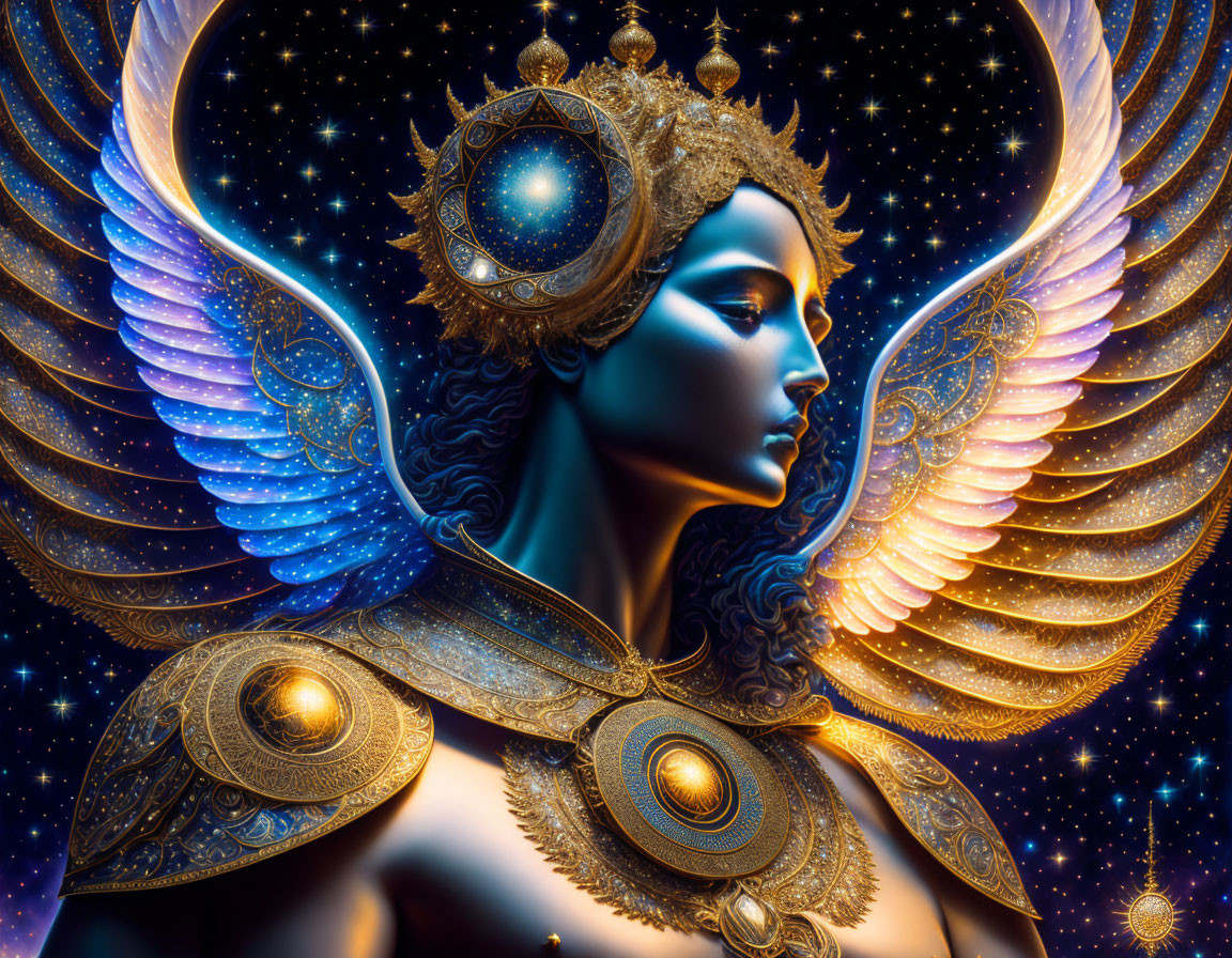 Celestial figure with blue skin and glowing wings in golden headdress