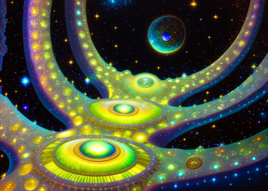 Colorful Abstract Digital Art: Swirling Galactic Forms & Bright Stars