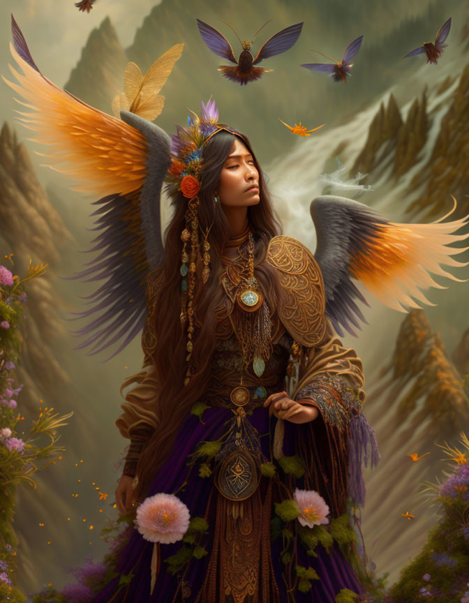 Winged woman in ornate attire in mountainous landscape with hummingbirds