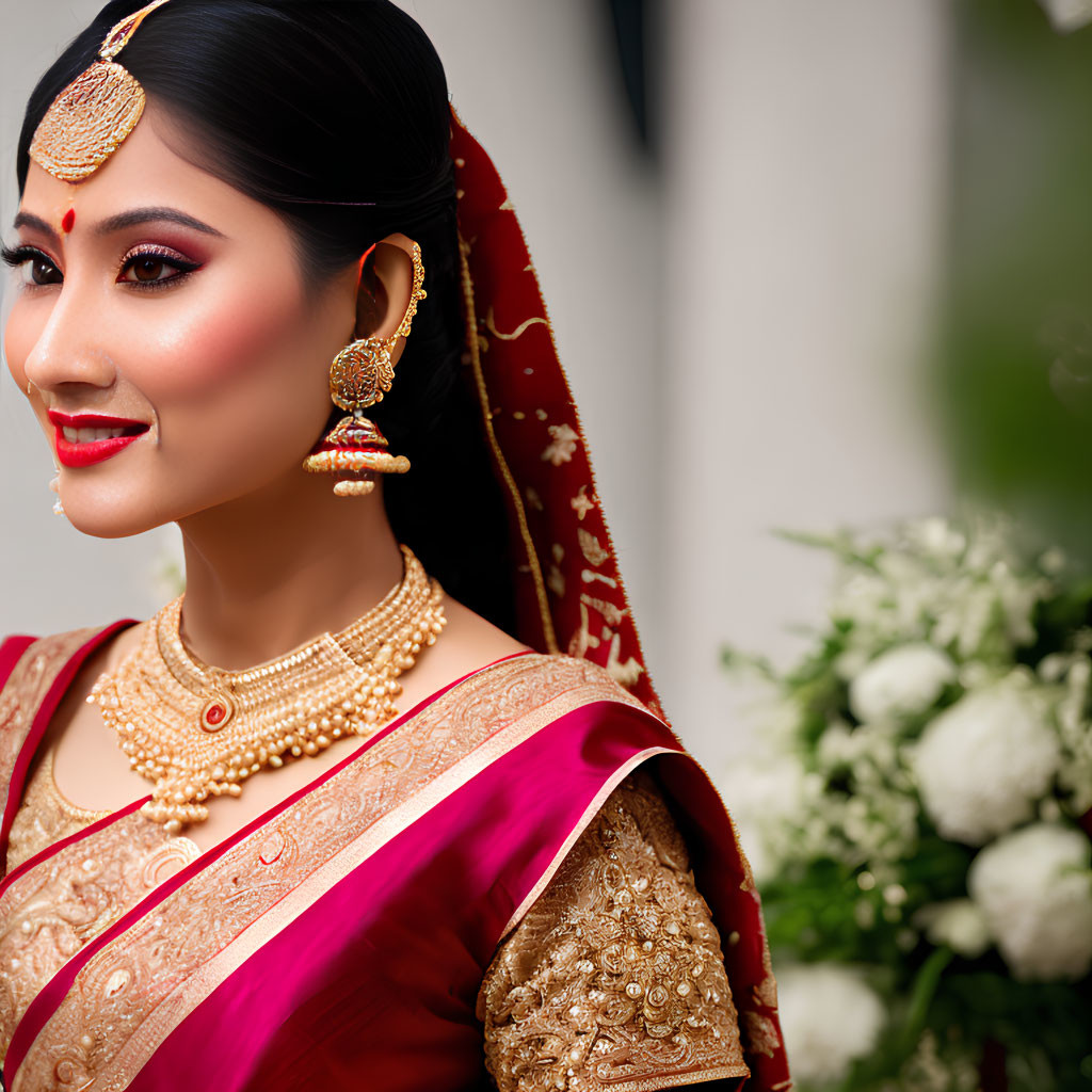 Traditional South Asian Bridal Attire with Elaborate Gold Jewelry and Red Saree