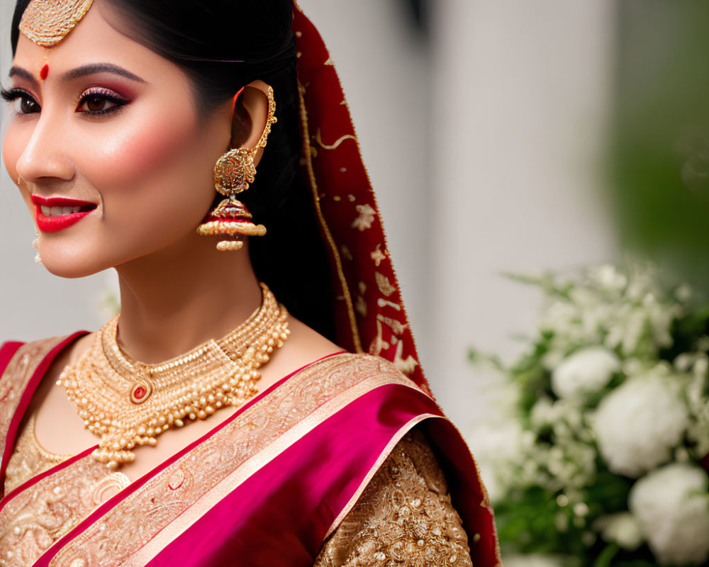 Traditional South Asian Bridal Attire with Elaborate Gold Jewelry and Red Saree