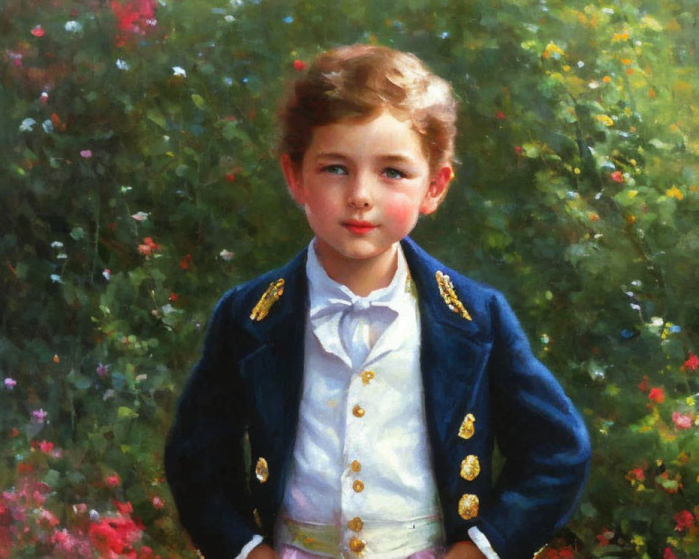 Young Child in Navy Blue Jacket Surrounded by Colorful Florals