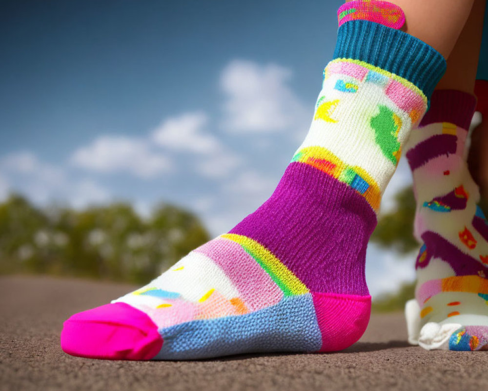 Colorful Mismatched Socks with Unicorn Design on Person Against Blue Sky