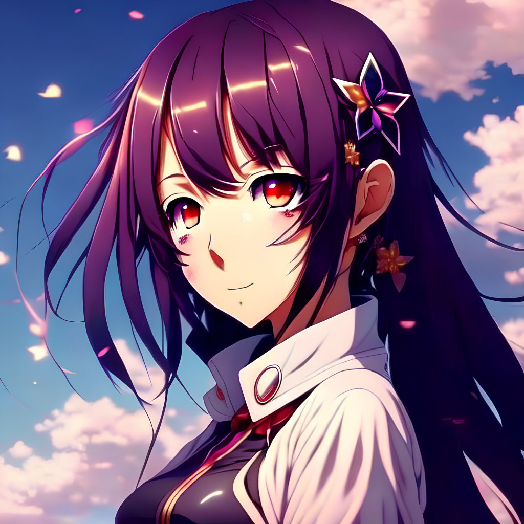 Anime girl with purple hair and red eyes under pink-clouded sky