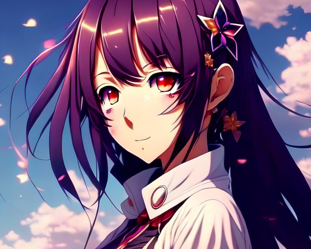 Anime girl with purple hair and red eyes under pink-clouded sky