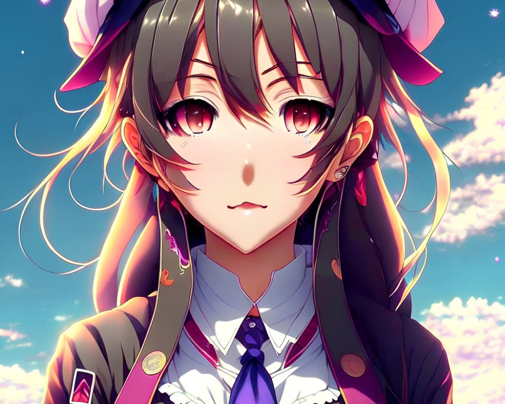 Dark-haired anime girl in military attire with pink eyes and hat on sky background