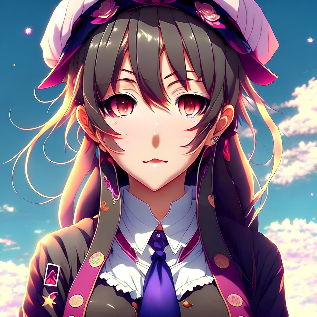 Dark-haired anime girl in military attire with pink eyes and hat on sky background