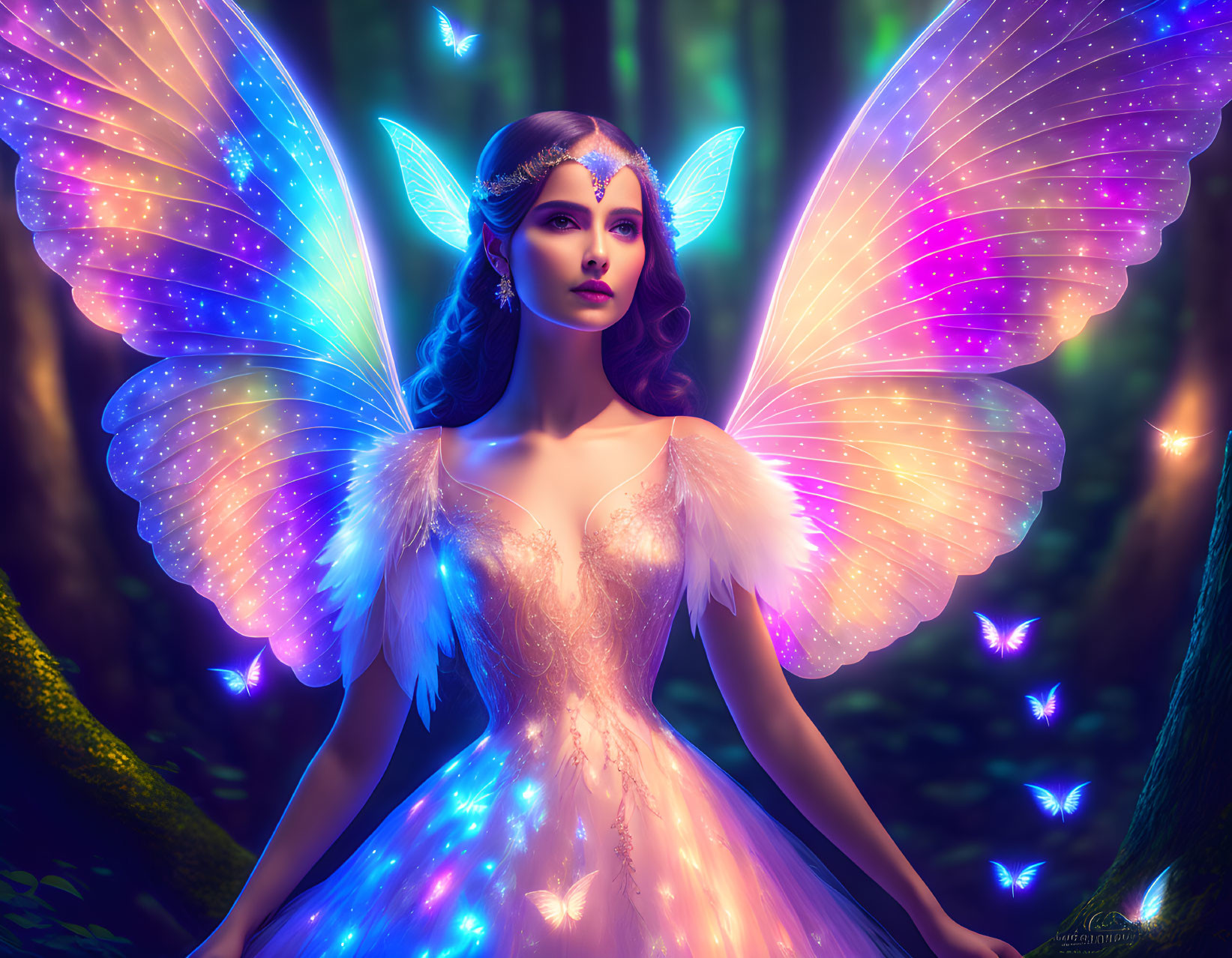 Woman with Multicolored Butterfly Wings in Enchanting Forest