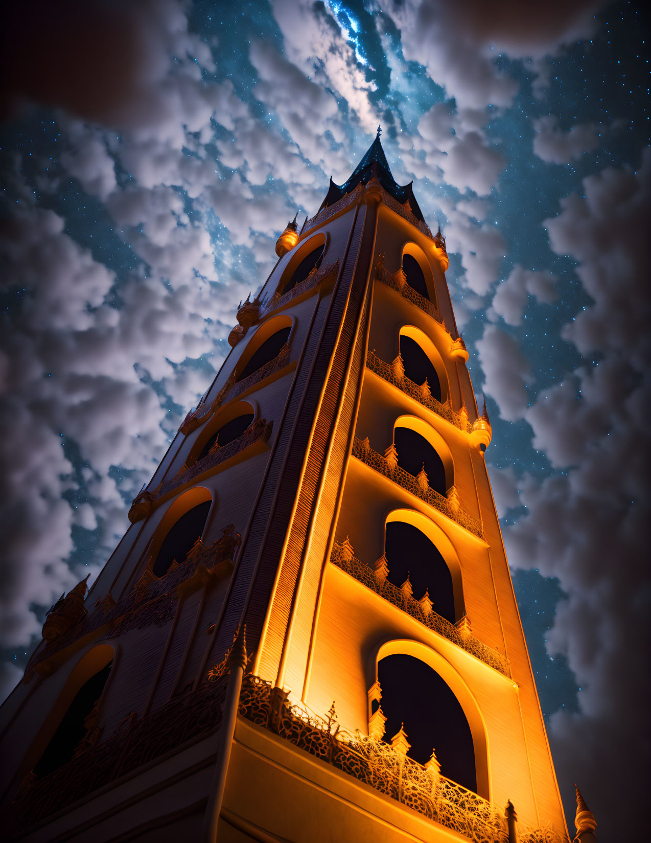 Majestic illuminated tower against night sky and stars
