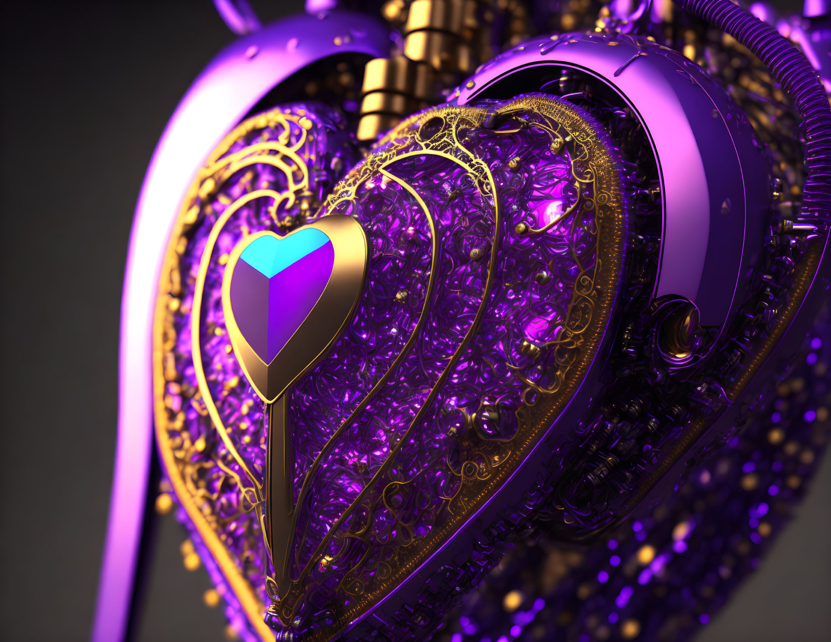 Detailed Metallic Heart with Intricate Patterns and Iridescent Center