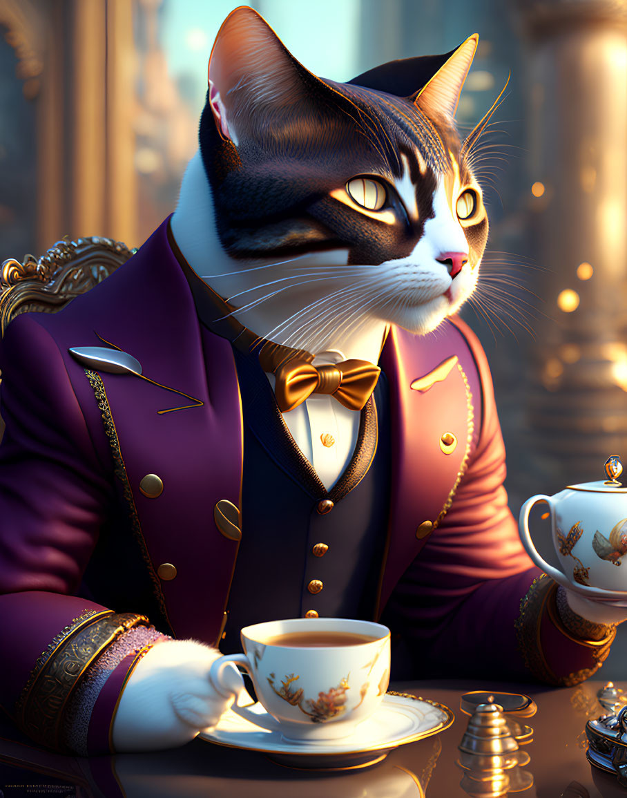 Anthropomorphic Cat in Purple Suit with Gold Bow Tie Holding Cup at Elegant Table