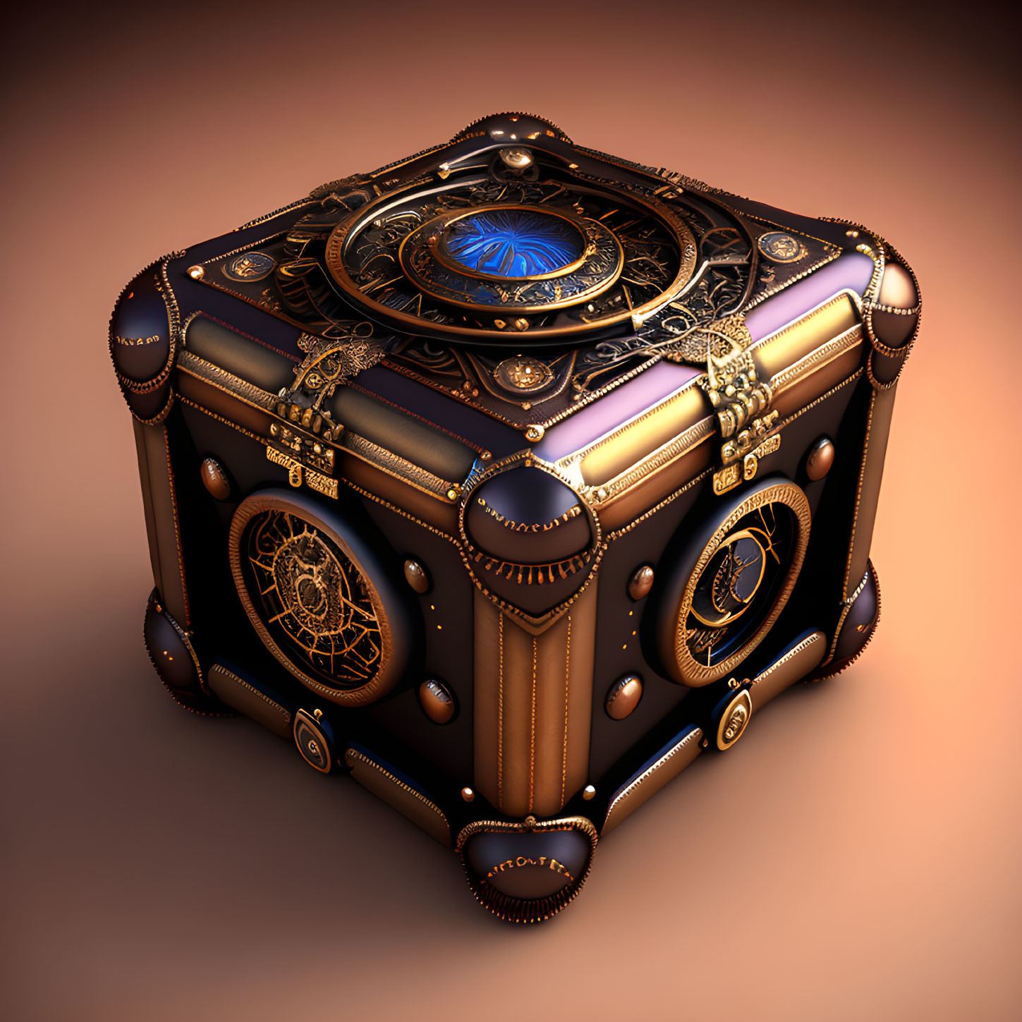 Cube-shaped artifact with metallic gears and astrological symbols on warm background
