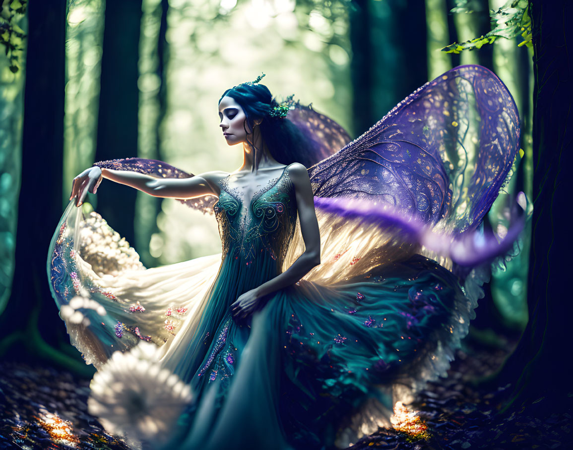 Fantasy-style image of a winged figure in enchanted forest