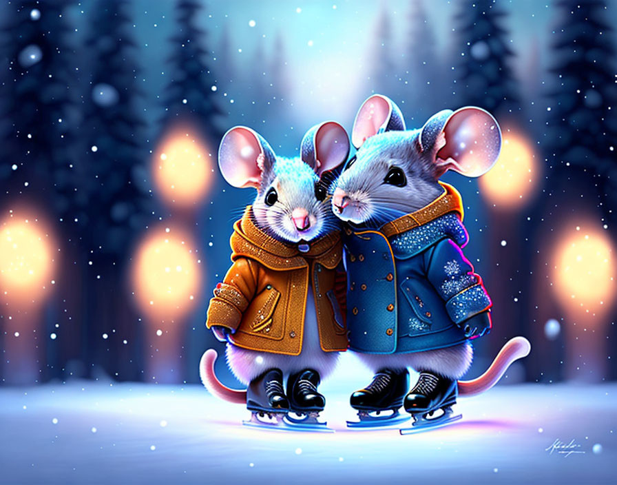 Cartoon Mice Ice Skating in Winter Twilight