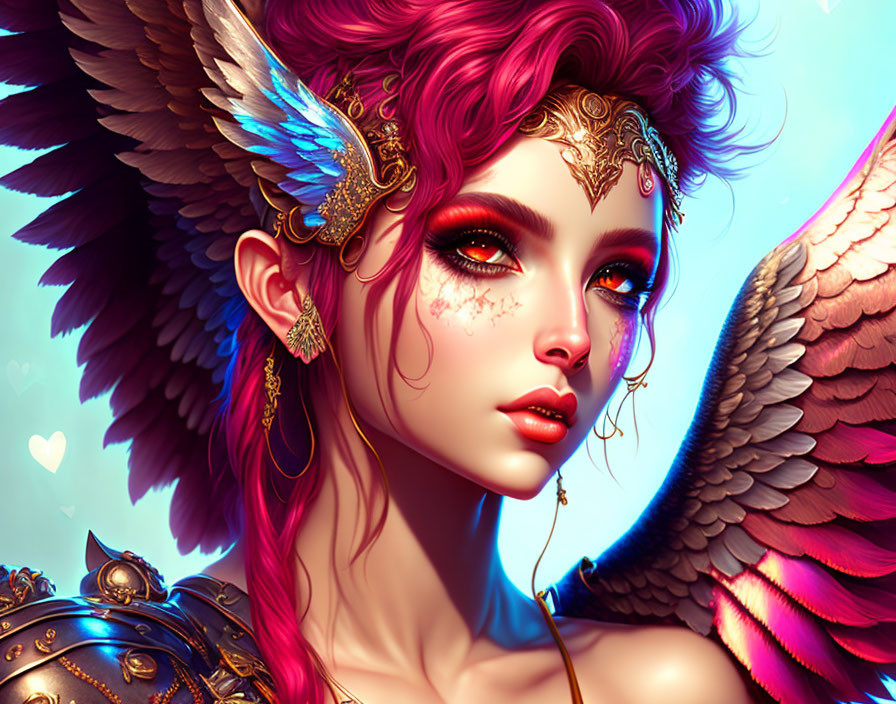Colorful digital artwork: Female figure with pink hair, golden jewelry, winged shoulder armor on blue