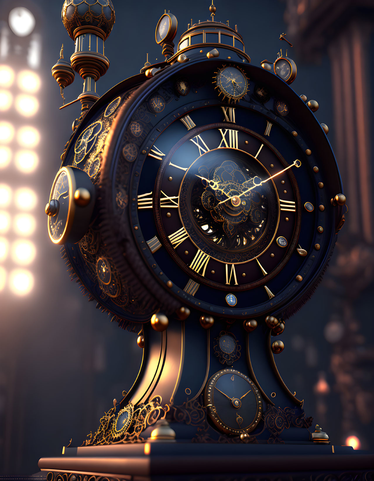 Steampunk-style clock with intricate gears and golden embellishments.