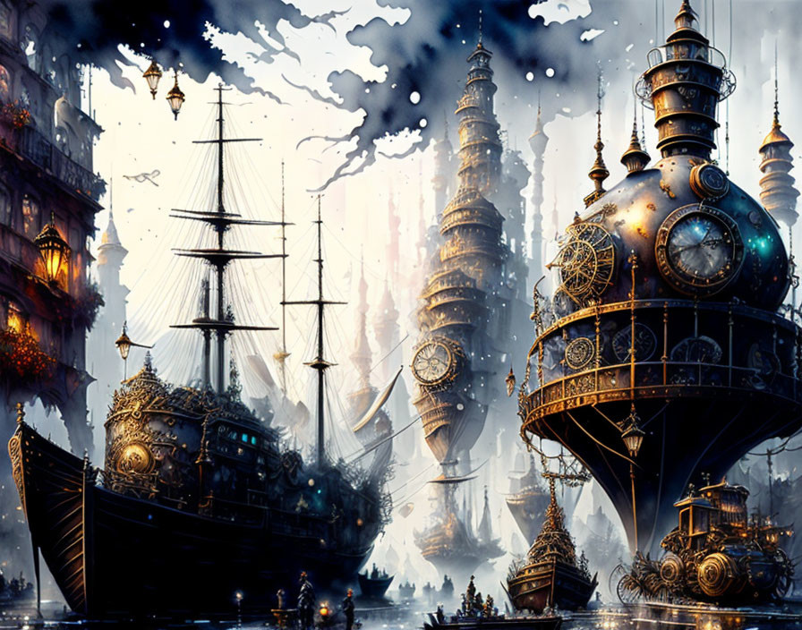 Steampunk cityscape with ornate ship and mechanical towers