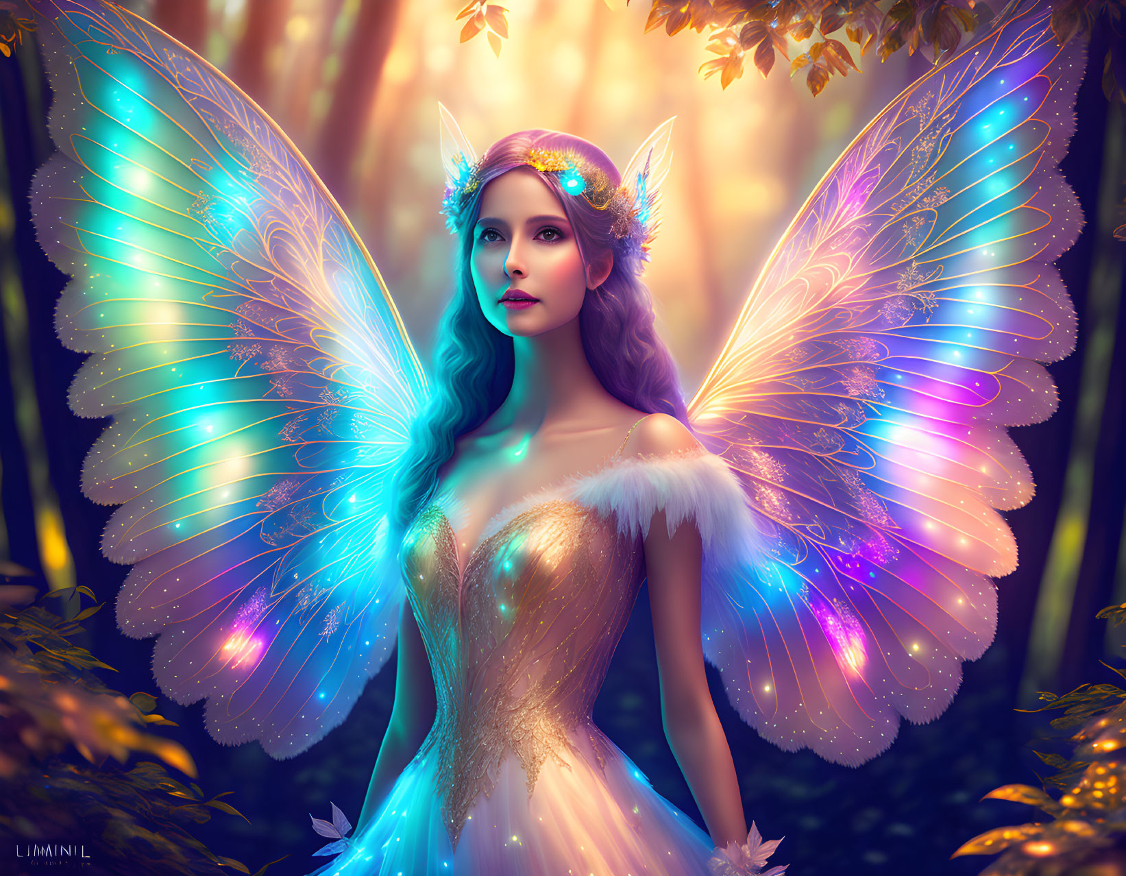 Fantastical female fairy with iridescent wings in enchanting forest